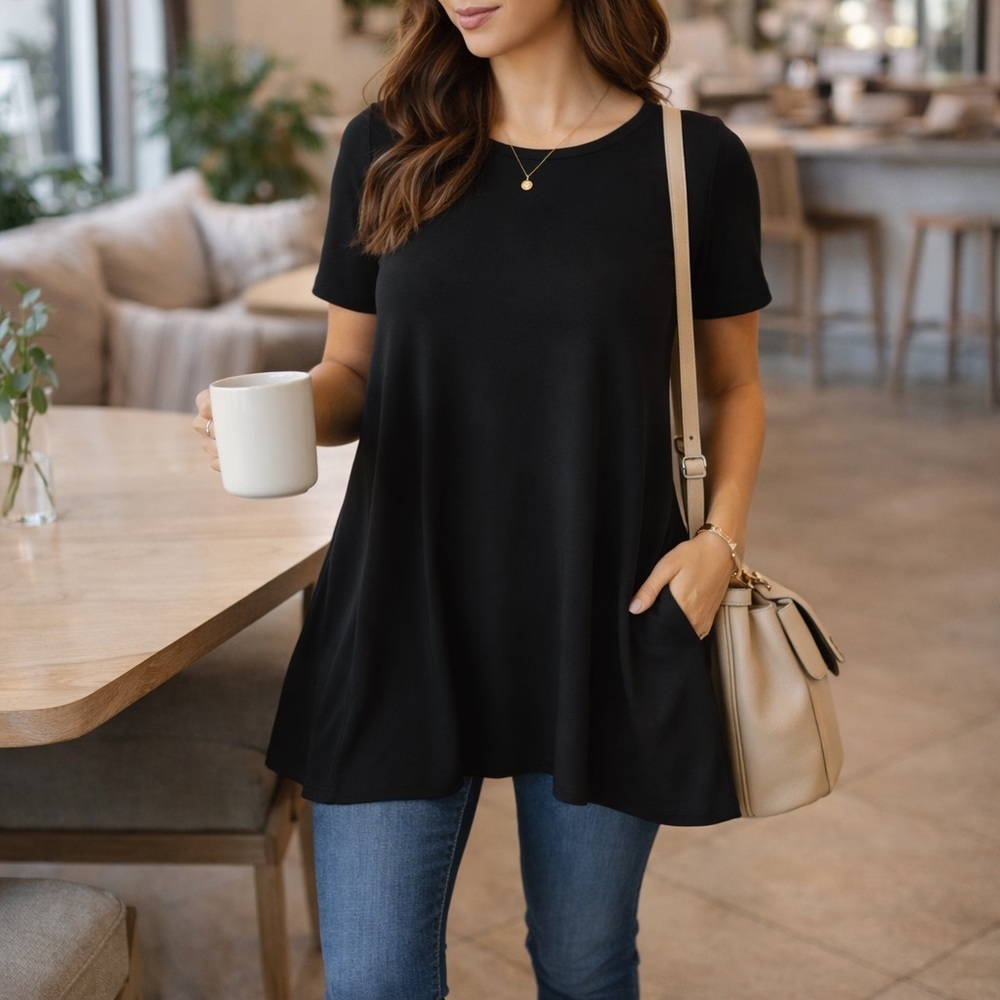 Agnes & Dora Black Swing Tunic Top Pockets Short Sleeve Soft Modal Everyday